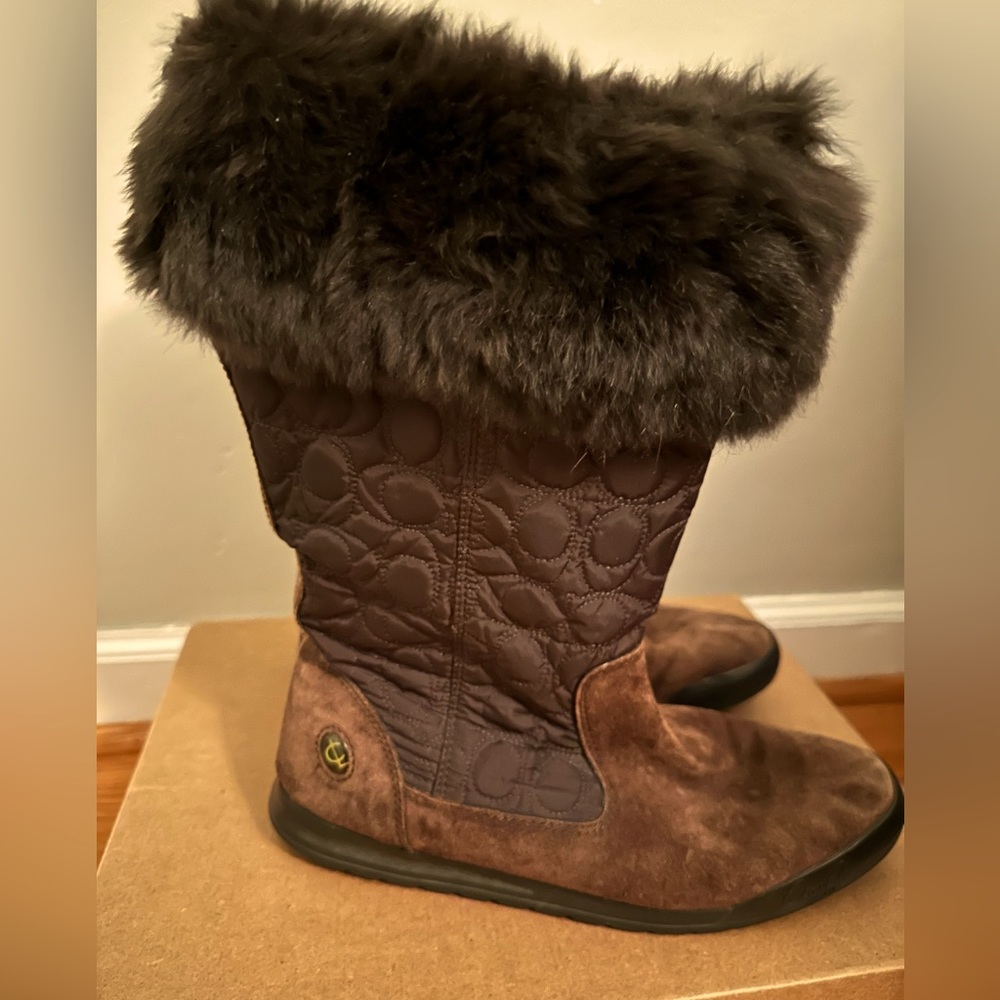 Coach Talen Boots - Brown suede/quilted nylon fabric upper/fur trim/rubber sole